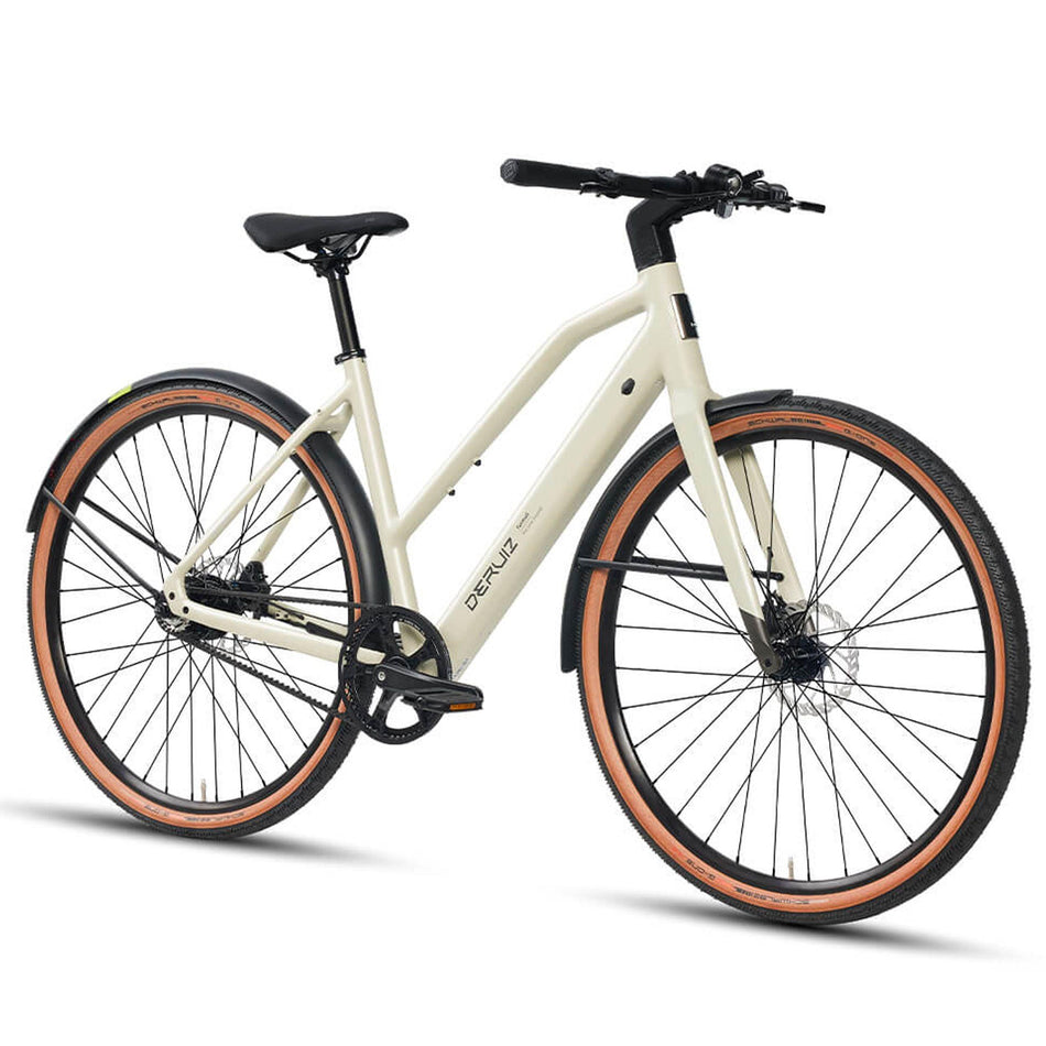 DERUIZ E-bike Turmali Trapez 48.5cm mit Bluetooth für Damen, 360Wh Citybike, 110km Reichweite, hydraulische Scheibenbremse, Trapez-Rahmen, beige - wheelyou24