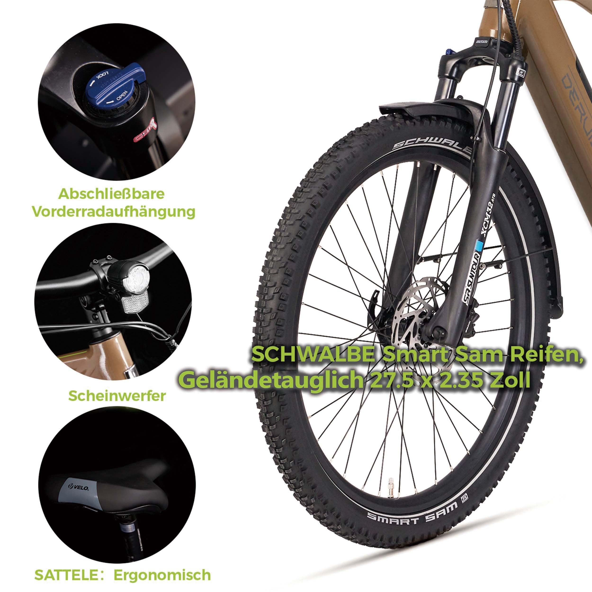 DERUIZ E-bike MarbleSUV 27,5 Zoll mit Bluetooth für Damen und Herren, 644Wh Trekkingbike, 8 Gang Shimano Schaltwerk, Diamant-Rahmen, braun - wheelyou24