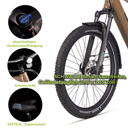 DERUIZ E-bike MarbleSUV 27,5 Zoll mit Bluetooth für Damen und Herren, 644Wh Trekkingbike, 8 Gang Shimano Schaltwerk, Diamant-Rahmen, braun - wheelyou24