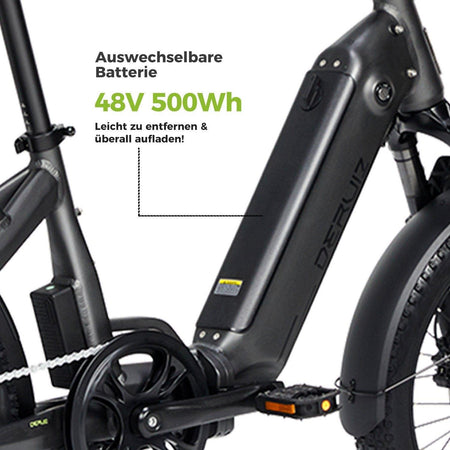 DERUIZ E-Bike Peridot 20 Zoll mit Bluetooth für Damen Herren, 500Wh Foldingbike, 8 Gang Shimano Schaltwerk, Tiefeinsteiger-Rahmen, klappbar, grau - wheelyou24
