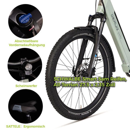 DERUIZ E-bike QuartzSUV 27,5 Zoll für Damen und Herren, MTB Reifen, 8 Gang Shimano Schaltwerk, Tiefeinsteiger-Rahmen, Hinterradmotor, grün - wheelyou24