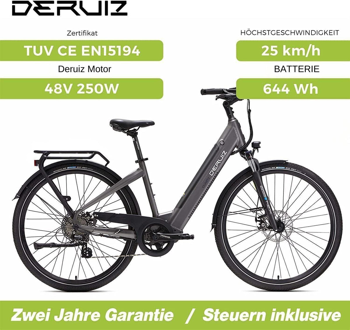 DERUIZ E-Bike Quartz 28 Zoll für Damen und Herren, 644Wh Citybike, 8 Gang Shimano Schaltwerk, Heckmotor, Tiefeinsteiger-Rahmen,  grau - wheelyou24
