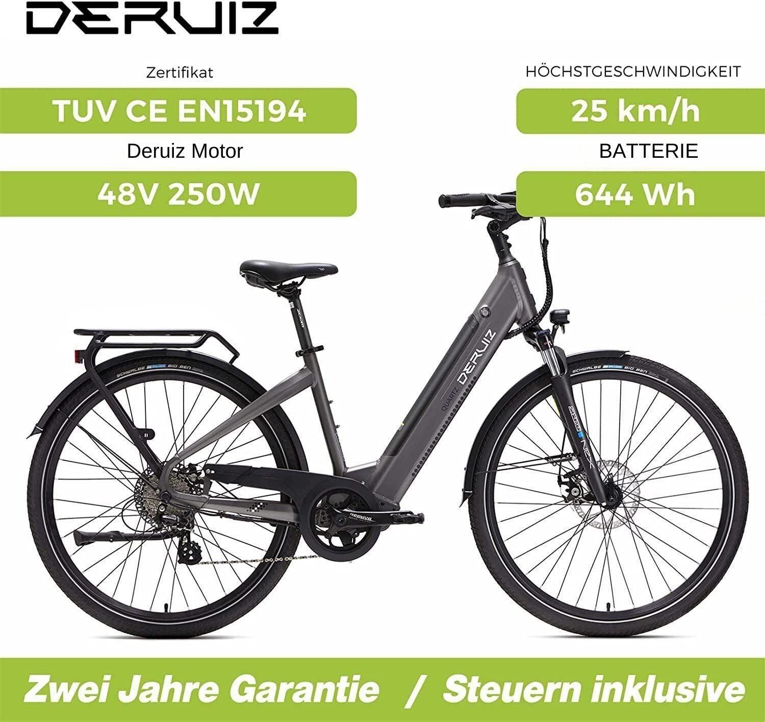 DERUIZ E-Bike Quartz 28 Zoll für Damen und Herren, 644Wh Citybike, 8 Gang Shimano Schaltwerk, Heckmotor, Tiefeinsteiger-Rahmen,  grau - wheelyou24