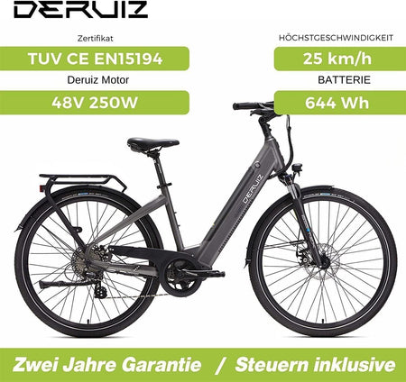 DERUIZ E-Bike Quartz 28 Zoll für Damen und Herren, 644Wh Citybike, 8 Gang Shimano Schaltwerk, Heckmotor, Tiefeinsteiger-Rahmen,  grau - wheelyou24
