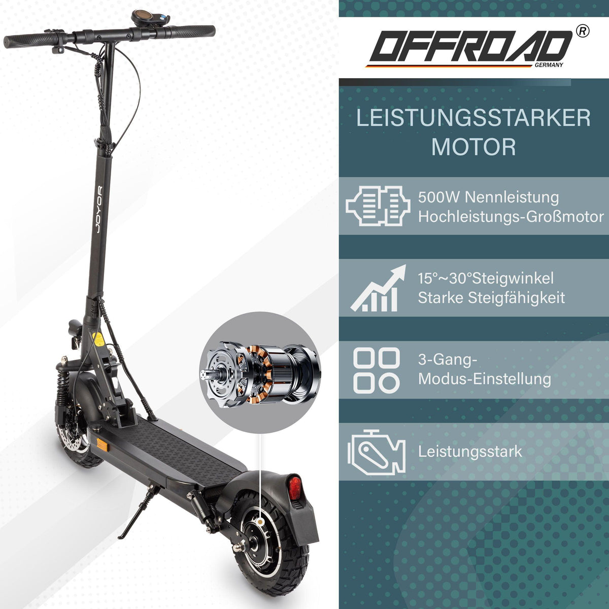Joyor Offroad E-Scooter Y8-S, Gelände-Elektroroller, 500W Motor, 3-Gang-Einstellung, bis zu 60km Reichweite, schwarz - wheelyou24